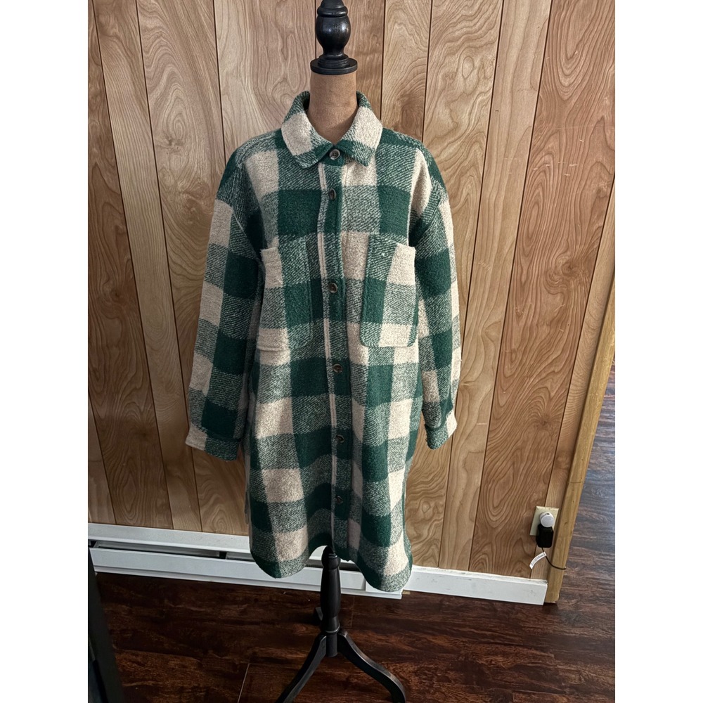 Gap Womens XL Green Buffalo Plaid Wool Blend Longline Shacket Shirt Jacket Coat‎